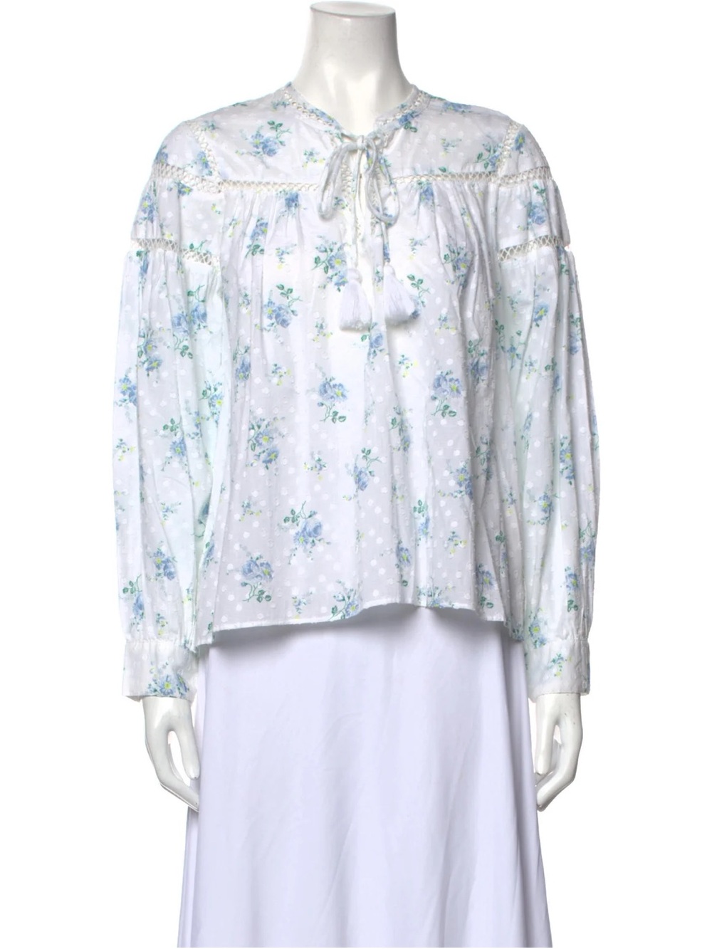 LoveShackFancy Floral Tie-Neck Peasant Blouse